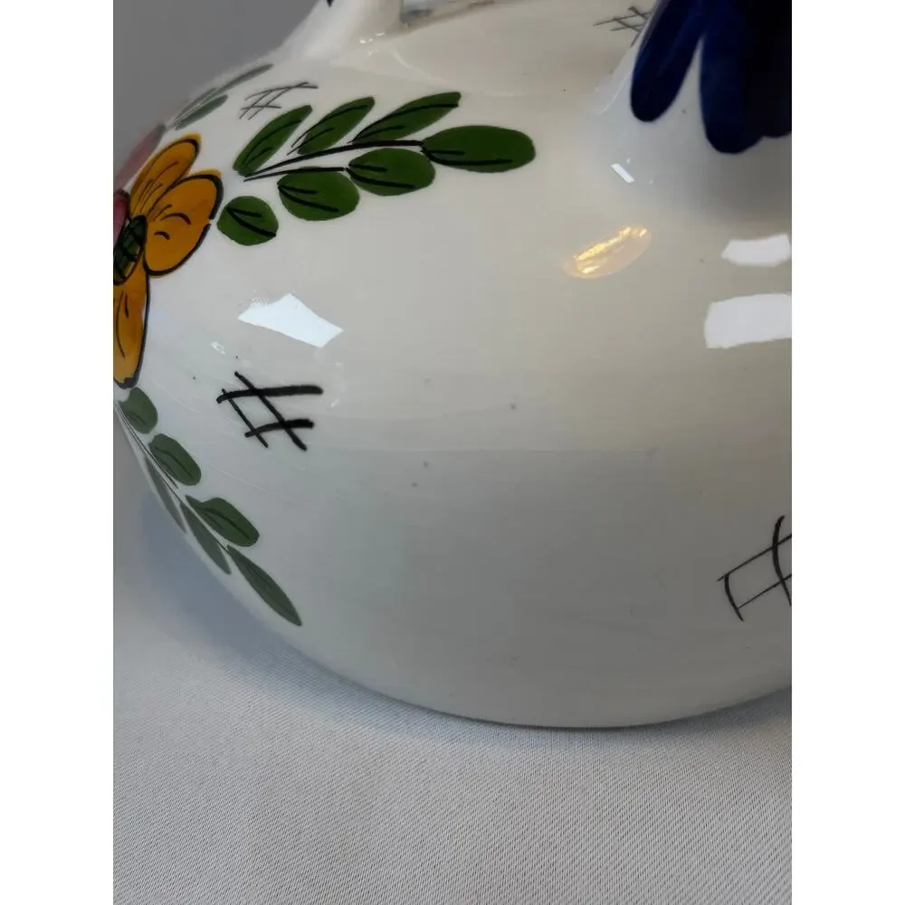 Vtg Spanish Botijo Hand Painted Ceramic Water Jug Floral Folk Art Double Spout